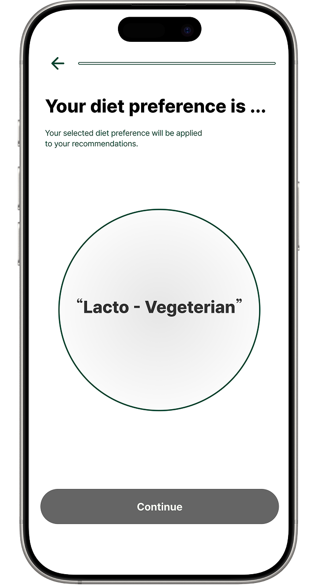 Diet preference confirmation wireframe